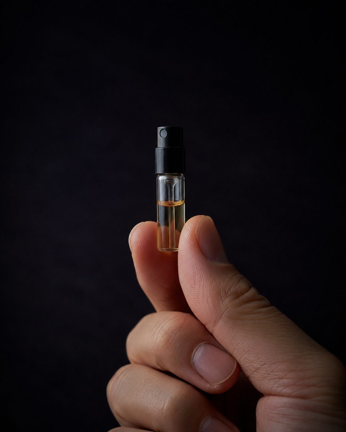 A two millilitre decant vial held between finger and thumb